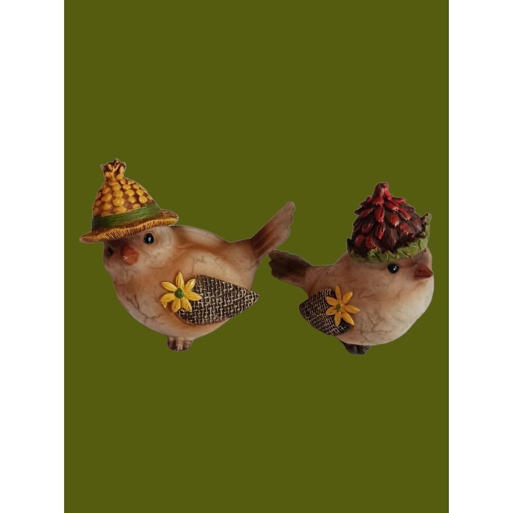 Set Of 2 Decorative Bird Figurines With Hats & Flowers
